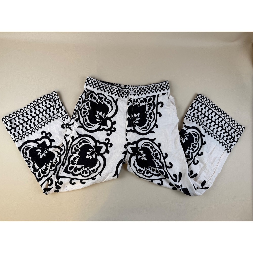Boho Wide Culotte‎ Flowy Leg Linen Pants Black White Floral Print Medium
